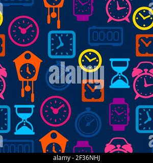 Seamless pattern with different clocks. Stylized icons for design and applications. Stock Vector