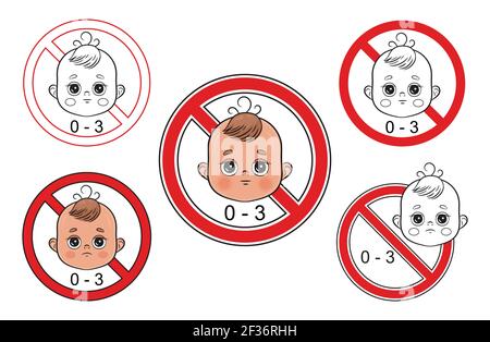 Not suitable for children from 0-3 year icons set. Danger for kids swallow small toy parts. No safety for baby under three. Choking hazard. Vector Stock Vector