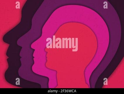 Concentric gender neutral human head silhouettes with a subtle fabric texture in different shades of pink and purple Stock Photo