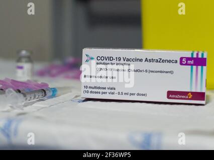 Coria, Spain. 15th Mar, 2021. AstraZeneca COVID19 vaccine packaging box is seen during the vaccination exercise of frontline workers at Coria City Hospital. Some European countries have cancelled the administration of AstraZeneca vaccine due the appearance of some side effects in people who had received it recently. (Photo by Gustavo Valiente/SOPA Images/Sipa USA) Credit: Sipa USA/Alamy Live News Stock Photo