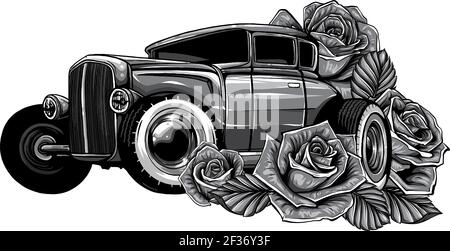 monochromatic Easter car. Retro automobile driving a bouquet of tulips. Hand drawn vector illustration. Stock Vector