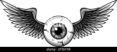 monochromatic Vector illustration of Tattoo Flying Eyeball design Stock Vector