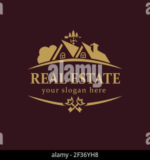 Real-estate vector logo. House for sale or build sign template. Agency, lease, sell, buy, invest or landscaping business identity. Country house luxur Stock Vector