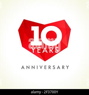 Anniversary 10 years old hearts celebrating vector logo. Birthday greetings with stained-glass heart shape. Holiday abstract lovely stained card with Stock Vector