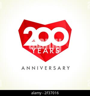 Anniversary 200 years old hearts celebrating vector logo. Birthday greetings, stained-glass frame, heart shape. Lovely stained two hundred fifty celeb Stock Vector