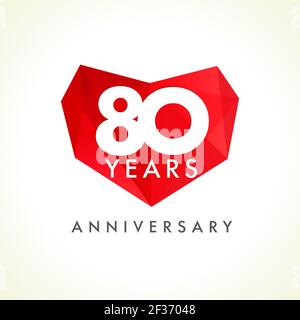 Anniversary 80 years old hearts celebrating vector logo. Birthday greetings with stained-glass frame, heart shape. Lovely stained eighty celebrating, Stock Vector