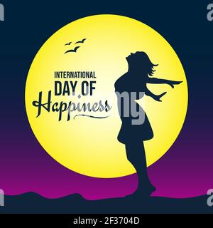 International Day of Happiness, 20 March, Happy girl, women jumping in joy silhouette scenery, vector illustration Stock Vector