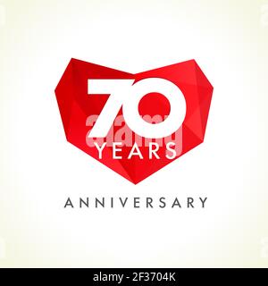 Anniversary 70 years old hearts celebrating vector logo. Birthday greetings with stained-glass frame, heart shape. Lovely stained sixty celebrating, 7 Stock Vector