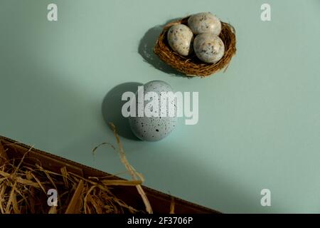 Easter egg on a blue background and and three small blue eggs in the nest Stock Photo