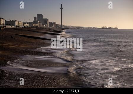 General view of Brighton West Pier and Palace Pier in West Sussex Stock Photo