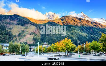 A view of Mont Blank and surrounding peaks from a town square in Chamonix, France Stock Photo