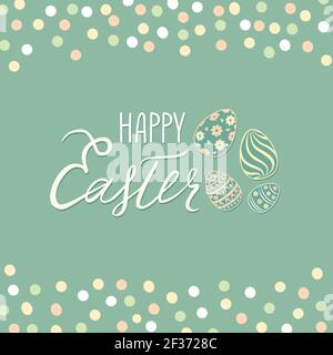 Happy Easter greeting card. Spring holiday background with eggs and handwritten lettering HAPPY EASTER over line drawn Easter icons eggs Stock Vector