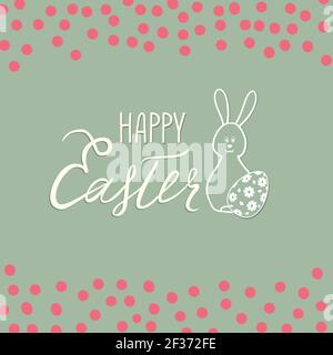 Happy Easter greeting card. Spring holiday background with rabbit bunny and handwritten lettering HAPPY EASTER over line drawn Easter icons eggs and r Stock Vector