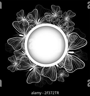 Round frame with monochrome butterflies . Vector illustration Stock Vector