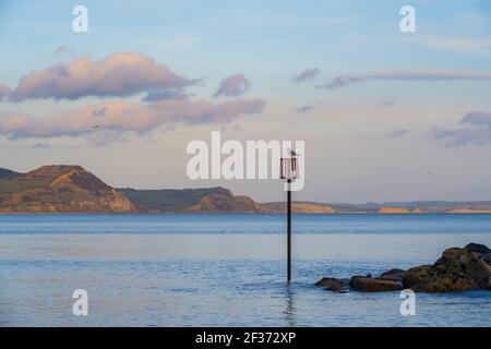 Lyme Regis, Dorset, UK. 15th Mar, 2021. UK Weather: A seagull perched on a marker looking out over the Jurassic coast and Golden Cap just before sunset. The cliffs of West Bay and Burton Bradstock seen in the distance glow gold in the late evening sunshine. Credit: Celia McMahon/Alamy Live News Stock Photo