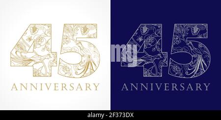 45 years old luxurious celebrating folk numbers. Template gold and silver colored 45 th happy anniversary greetings, ethnics flowers, plants, paradise Stock Vector