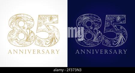 85 years old luxurious celebrating folk numbers. Template gold and silver colored 85 th happy anniversary greetings, ethnics flowers, plants, paradise Stock Vector