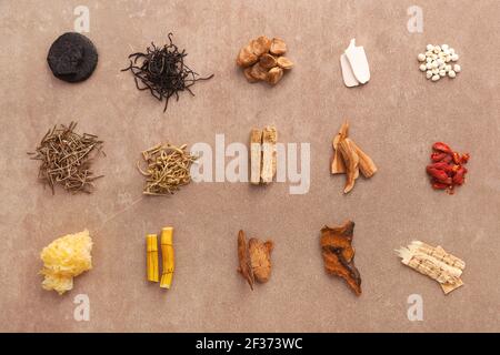 Traditional chinese medicine. Various medical herbs. Monk fruit, luo han guo, reishi mushroom, goji berries and other healing plants. Stock Photo