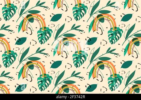 Vector hand drawn doodle seamless pattern, minimalistic boho painting style, rainbow, tropic leaves monstera, dark green, pink color palette Stock Vector