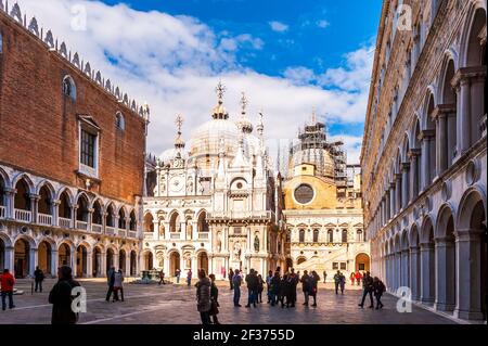 The inner courtyard of the Doge's Palace and the Basilica, Piazza San Marco in Venice in Veneto, Italy Stock Photo