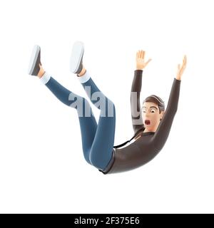 3d cartoon man falling from height, illustration isolated on white background Stock Photo