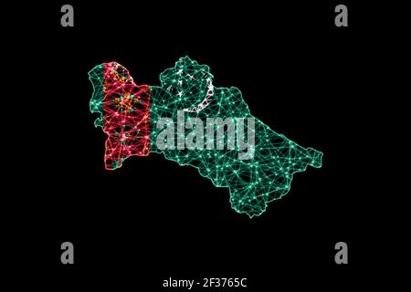 Map of Turkmenistan, Polygonal mesh line map, flag map Stock Photo