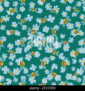 Seamless pattern with bees and flowers on color background. Adorable cartoon wasp characters. Template design for invitation, cards, textile, fabric Stock Vector
