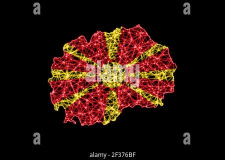 Map of North Macedonia, Polygonal mesh line map, flag map Stock Photo