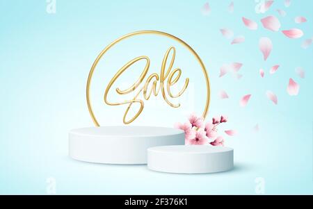 Product podium scene with a branch of blooming sakura on a blue background. Vector illustration Stock Vector