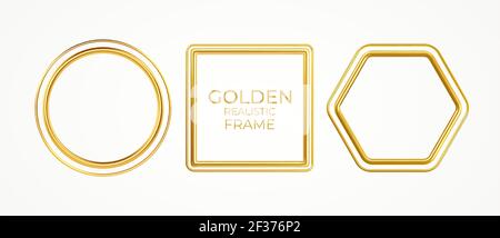 Set of gold metal realistic frames of different shapes isolated on white background. Vector illustration Stock Vector