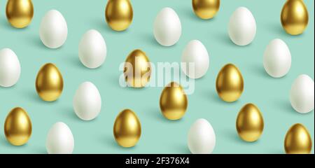 Happy Easter festive blue background with gold and white Easter eggs. Vector illustration Stock Vector
