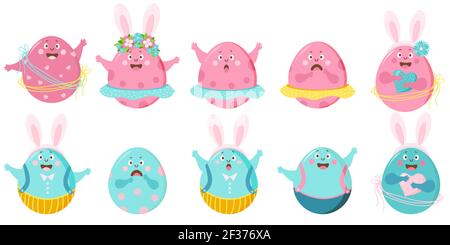 Happy easter. Set of colored Easter eggs with face, eyes and hands and different emotions. The characters are a boy and a girl in a skirt and trousers Stock Vector