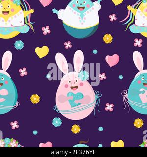 Happy Easter seamless pattern. Funny Easter eggs - girls and boys with faces, emotions and hands, with bunny ears on a purple background with flowers. Stock Vector