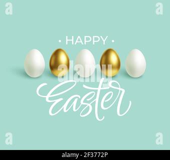 Happy Easter festive blue background with gold and white Easter eggs. Vector illustration Stock Vector