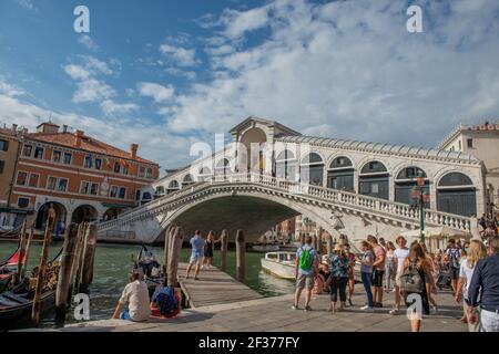 venice italy july 18 2020: rialto marble bridge in venice on a gorgeous sunny day