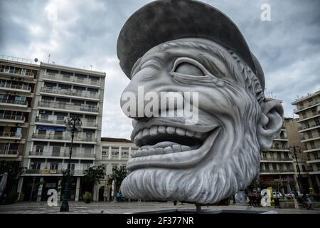 A black and white carnival float in the central square of Patras, Greece  symbolizes the canceled carnival due to COVID19 measures. Stock Photo