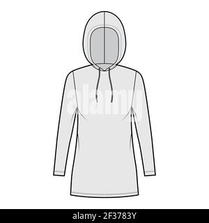 Hoody dress technical fashion illustration with long sleeves, mini length, oversized body, Pencil fullness. Flat sweater apparel template front, grey color style. Women, men, unisex CAD mockup Stock Vector