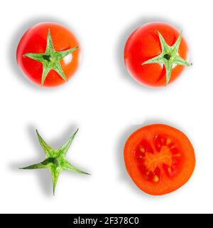 Top view of fresh ripe red cherry tomatoes isolated on white background. Flat lay composition. Stock Photo
