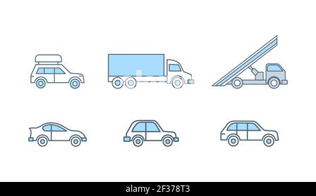 Vehicles vector flat line illustration isolated on white background. Ground transportation, passenger car, jeep with baggage on the roof, truck, lorry icons for mobile application or website design. Stock Vector