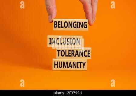 Humanity, tolerance, inclusion, belonging symbol. Wooden blocks with words humanity, tolerance, inclusion, belonging on beautiful orange background. T Stock Photo