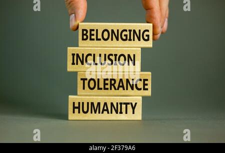 Humanity, tolerance, inclusion, belonging symbol. Wooden blocks with words humanity, tolerance, inclusion, belonging on beautiful grey background. Tol Stock Photo