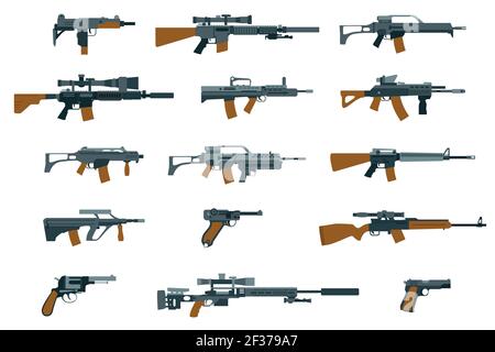 Weapons flat icons. Gun and rifle, shotgun and machine gun. Vector illustration Stock Vector