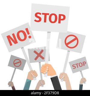 Protest concept. Hands holding different signs, No and stop, cross and forbid. Banner for revolution and demonstration, placard with conceptual revolu Stock Vector
