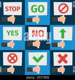 Hands holding protest signs and approval signs in flat style vector. Placard and banner for protest, illustration message protest and demonstration Stock Vector
