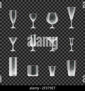 Glasses and goblets transparent vector icons. Glass for cocktail and champagne, illustration of glasses for beer and whiskey Stock Vector