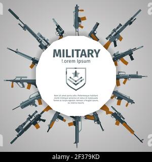 Weapons label. Vector guns badge with text. Automatic weapons uzi, illustration banner with group of weapons Stock Vector