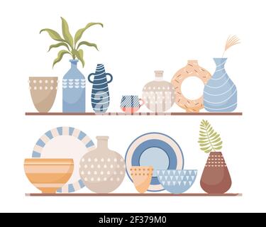 Different handmade ceramics for home decoration vector flat illustration isolated on white background. Kitchen utensil, tableware, porcelain vases with domestic plants, clay plates. Stock Vector