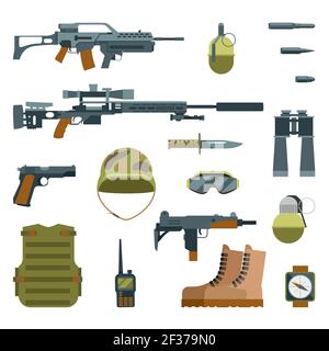 Military armor and weapon guns icons flat set. Automatic weapon and protective goggles, illustration grenade helmet and sniper weapon Stock Vector