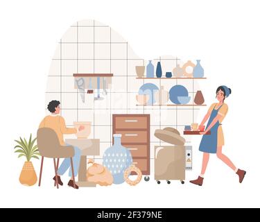 Pottery workshop interior vector flat design. Man making clay vase on wheel, woman carrying tray with clay mugs and cups. Handmade utensils, tableware for home decoration, handcraft hobby. Stock Vector