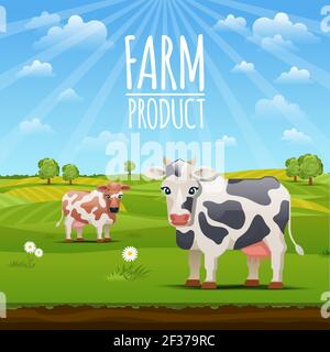 Farm landscape with cows vector illustration. Cow on meadow grass and cows graze Stock Vector